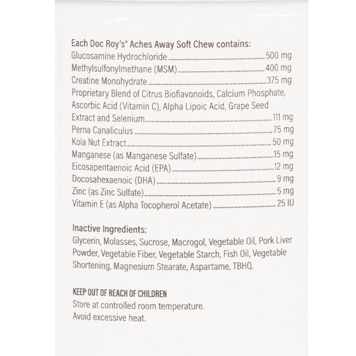 Doc Roy's® Aches Away™,"Close-up of supplement container ingredients label"
