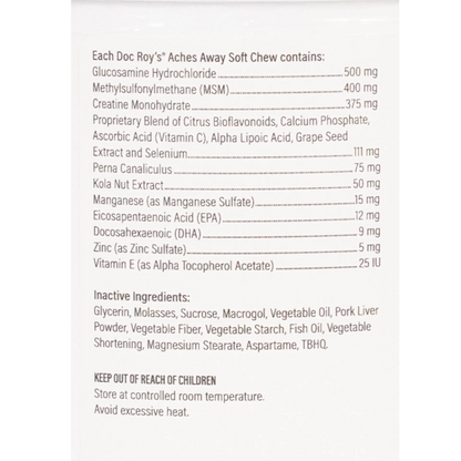 Doc Roy's® Aches Away™,"Close-up of supplement container ingredients label"