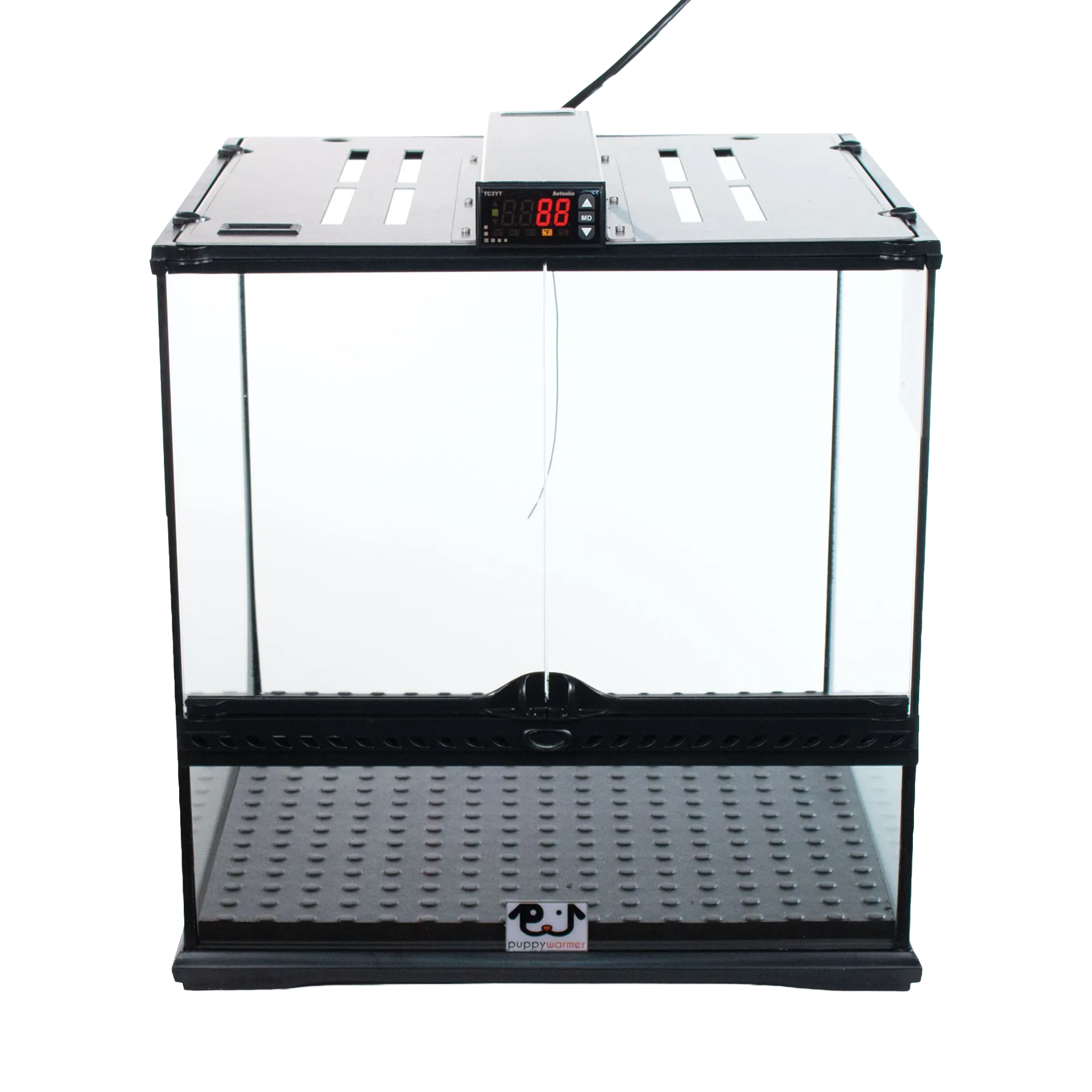 Puppywarmer® Puppy Incubator,"Clear incubator with black frame and top digital control panel"