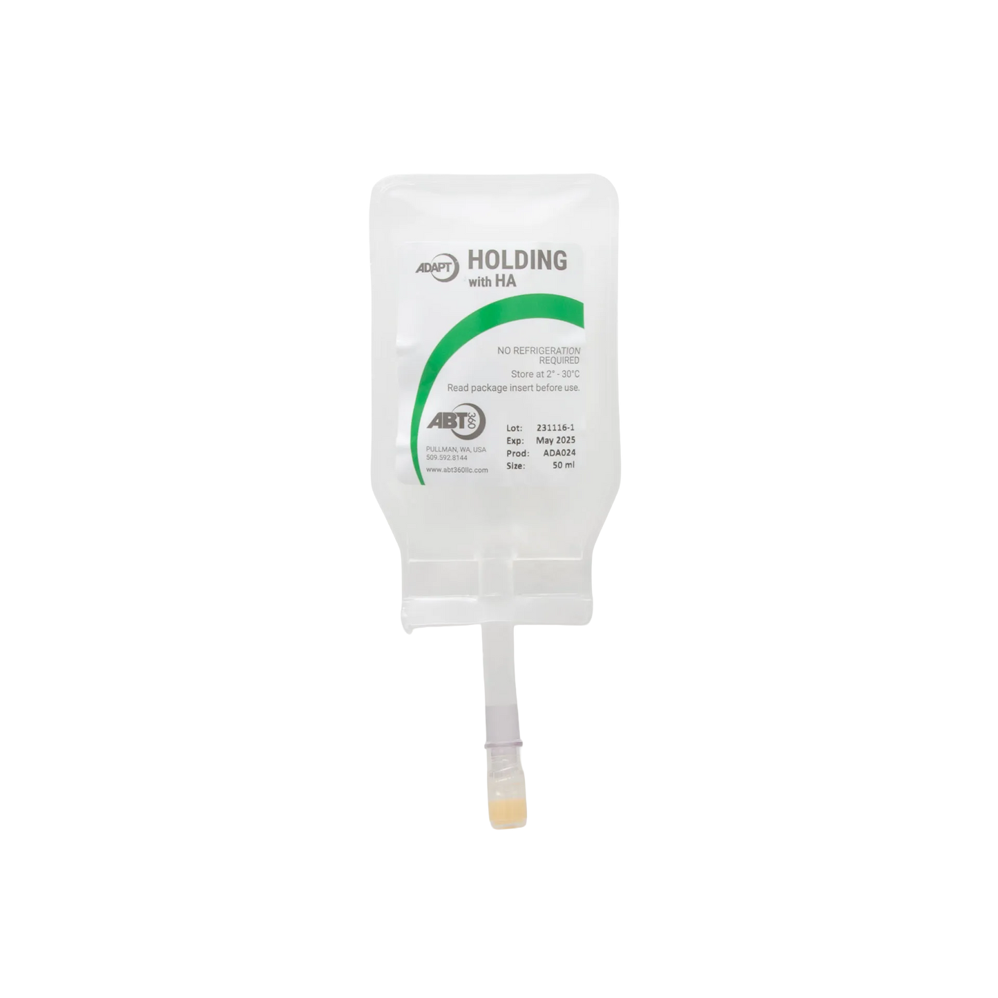 ABT360 Holding Media Adapt with HA,"Clear hanging IV-style pouch with tubing and yellow cap"