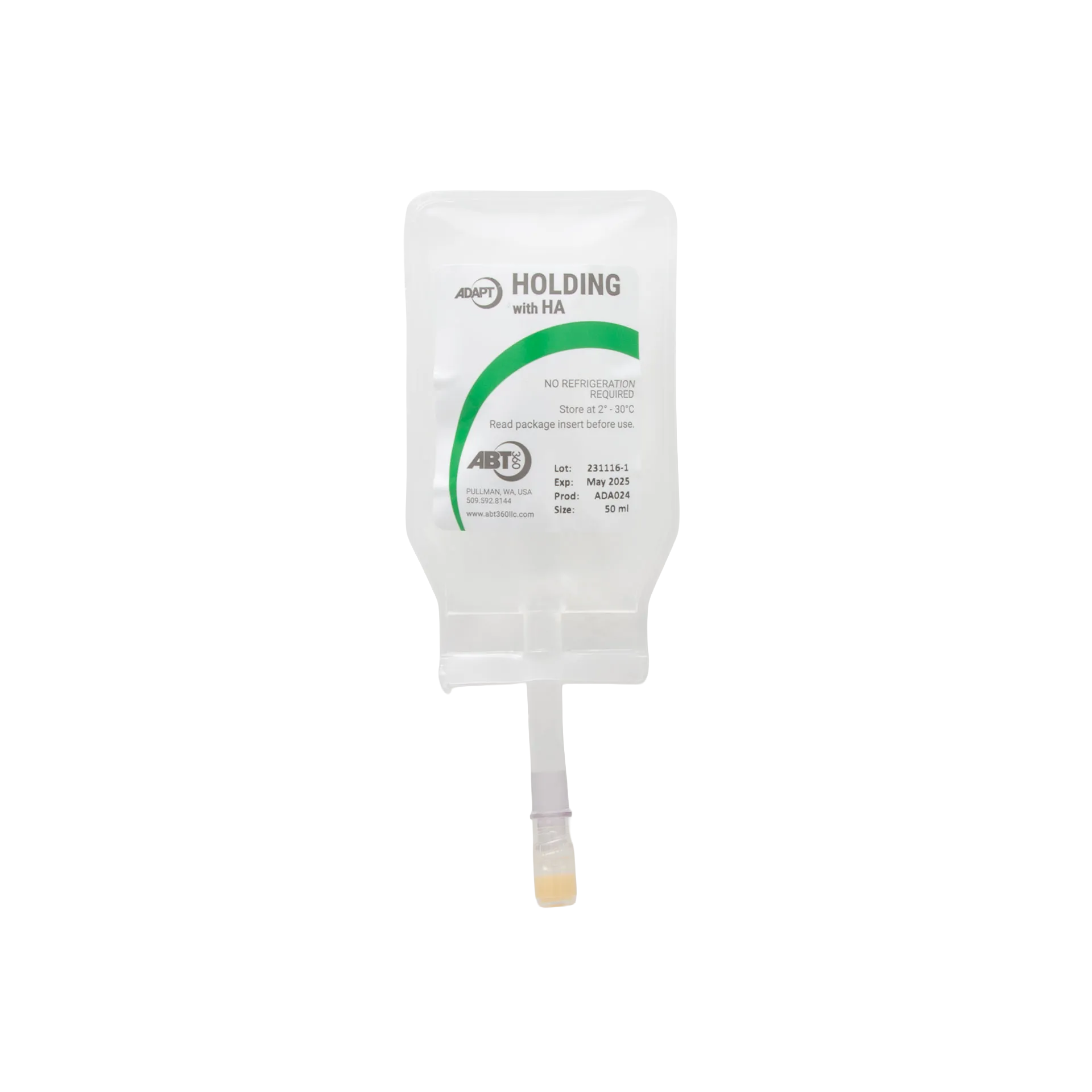 ABT360 Holding Media Adapt with HA,"Clear hanging IV-style pouch with tubing and yellow cap"