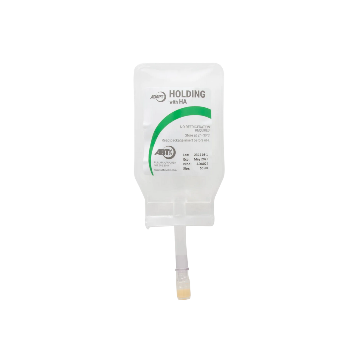 ABT360 Holding Media Adapt with HA,"Clear hanging IV-style pouch with tubing and yellow cap"