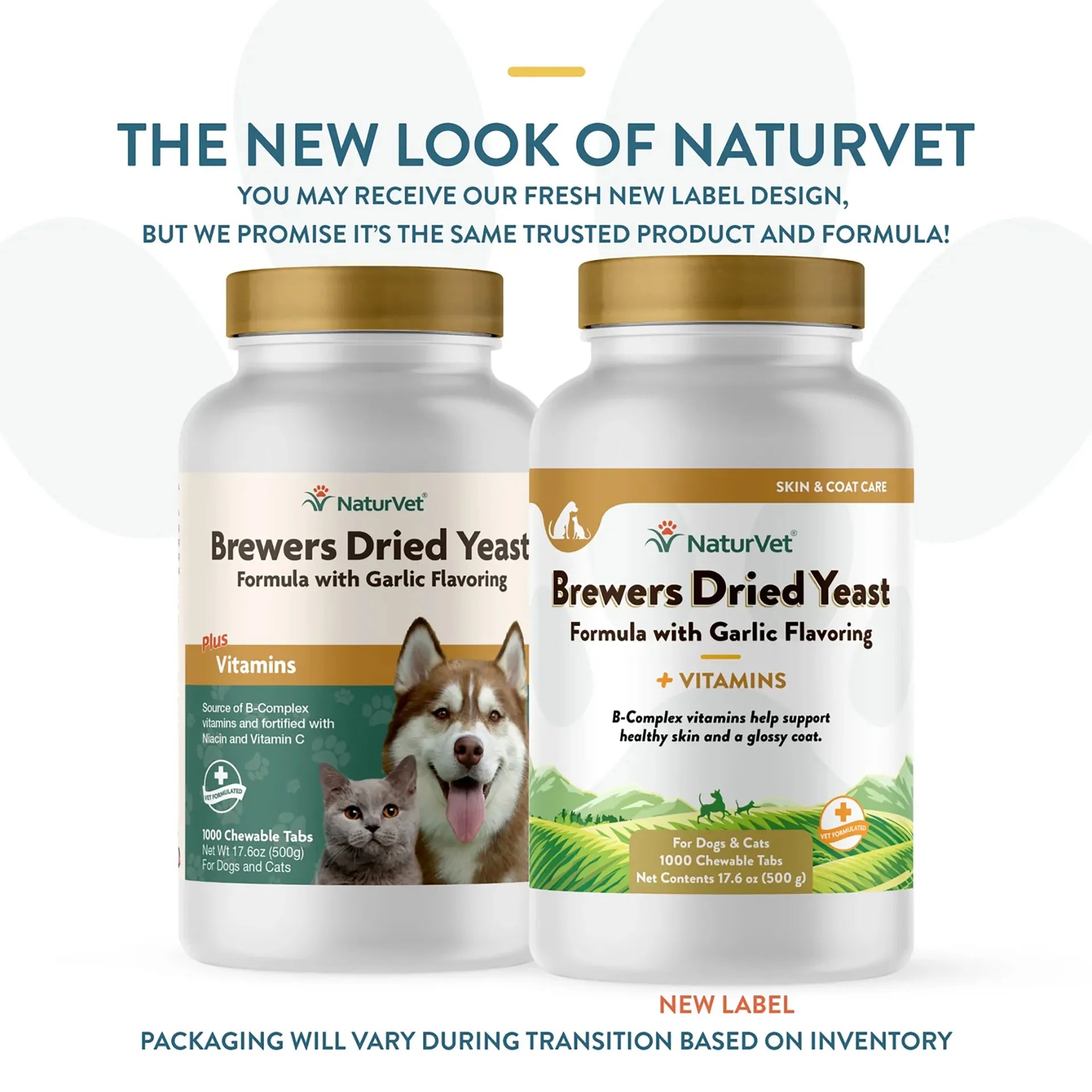 Brewers Dried Yeast Formula with Garlic Flavoring,"Two white supplement bottles with old and new label designs"