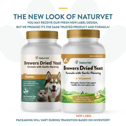 Brewers Dried Yeast Formula with Garlic Flavoring,"Two white supplement bottles with old and new label designs"