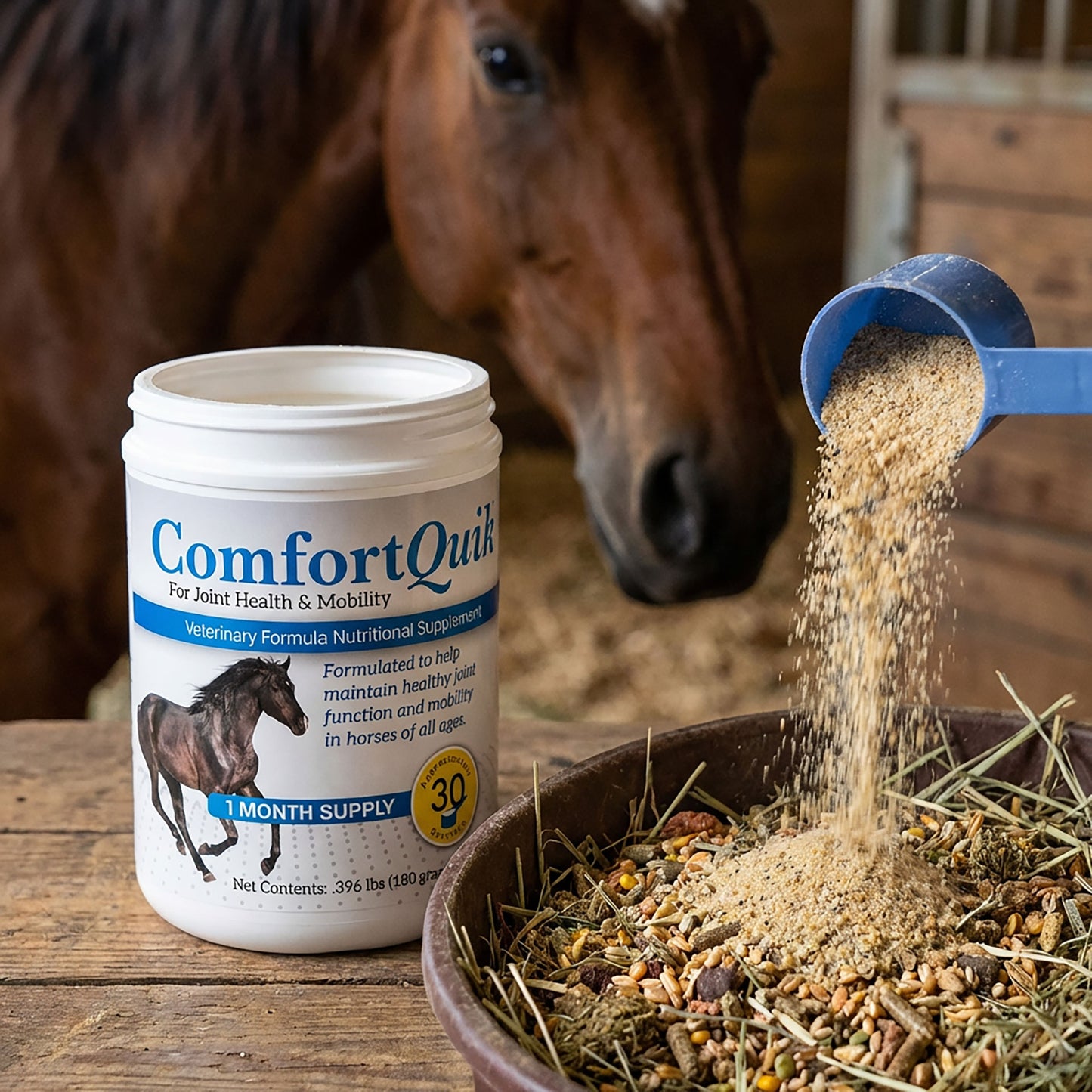 Comfort Quik™ Original,"Open supplement jar with scoop pouring powder into horse feed"