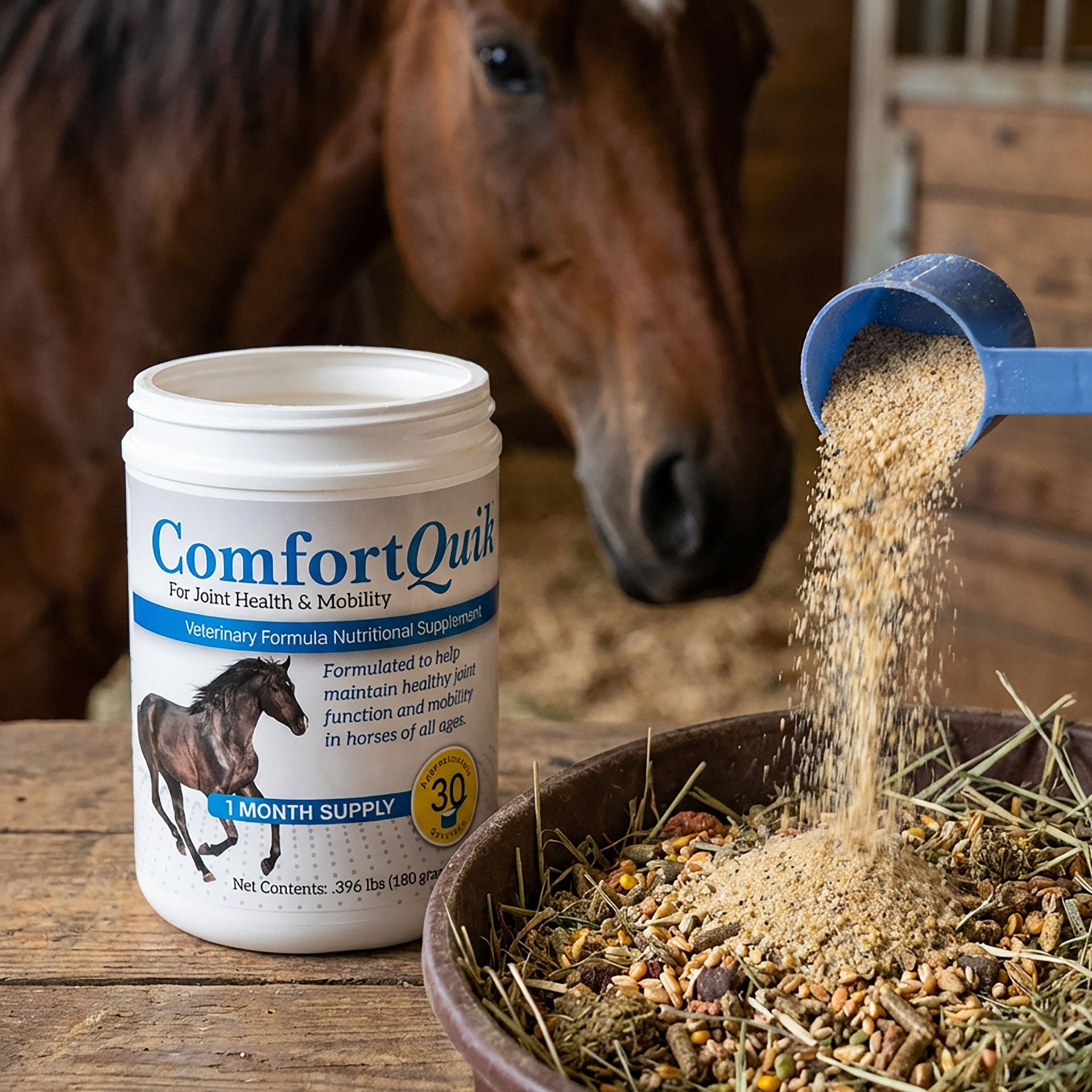 Comfort Quik™ Original,"Open supplement jar with scoop pouring powder into horse feed"
