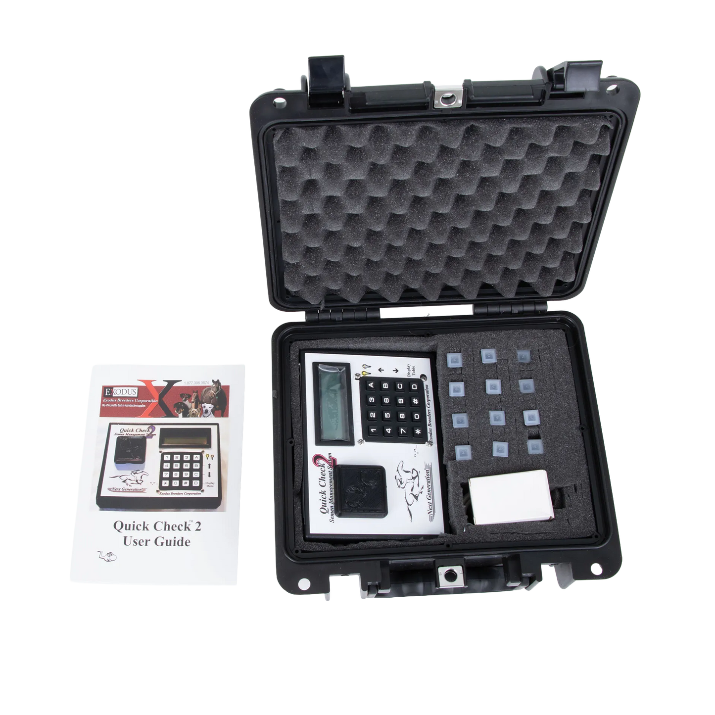 Quick Check Semen Counting System,"Open black carrying case with monitor, inserts, and user guide"