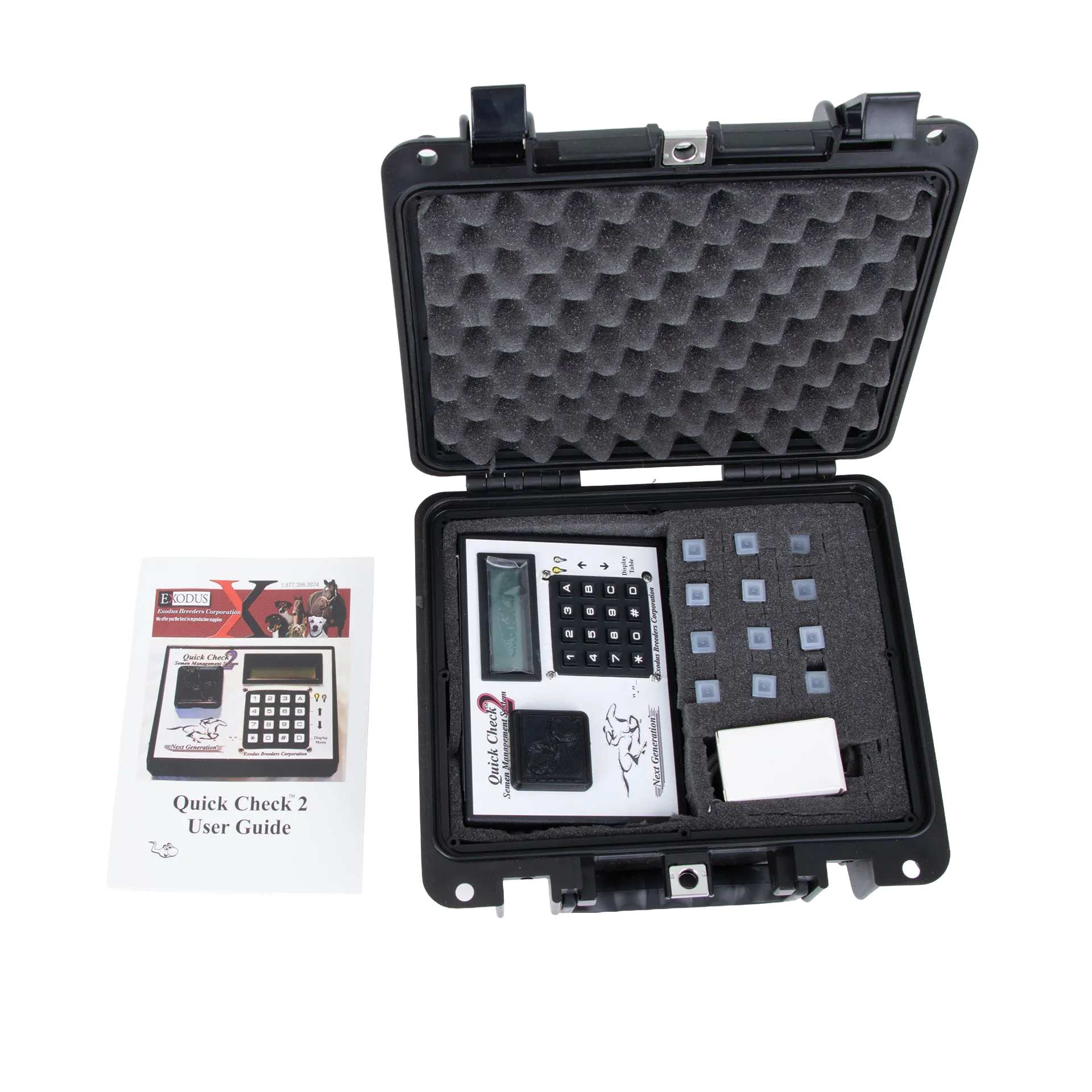 Quick Check Semen Counting System,"Open black carrying case with monitor, inserts, and user guide"