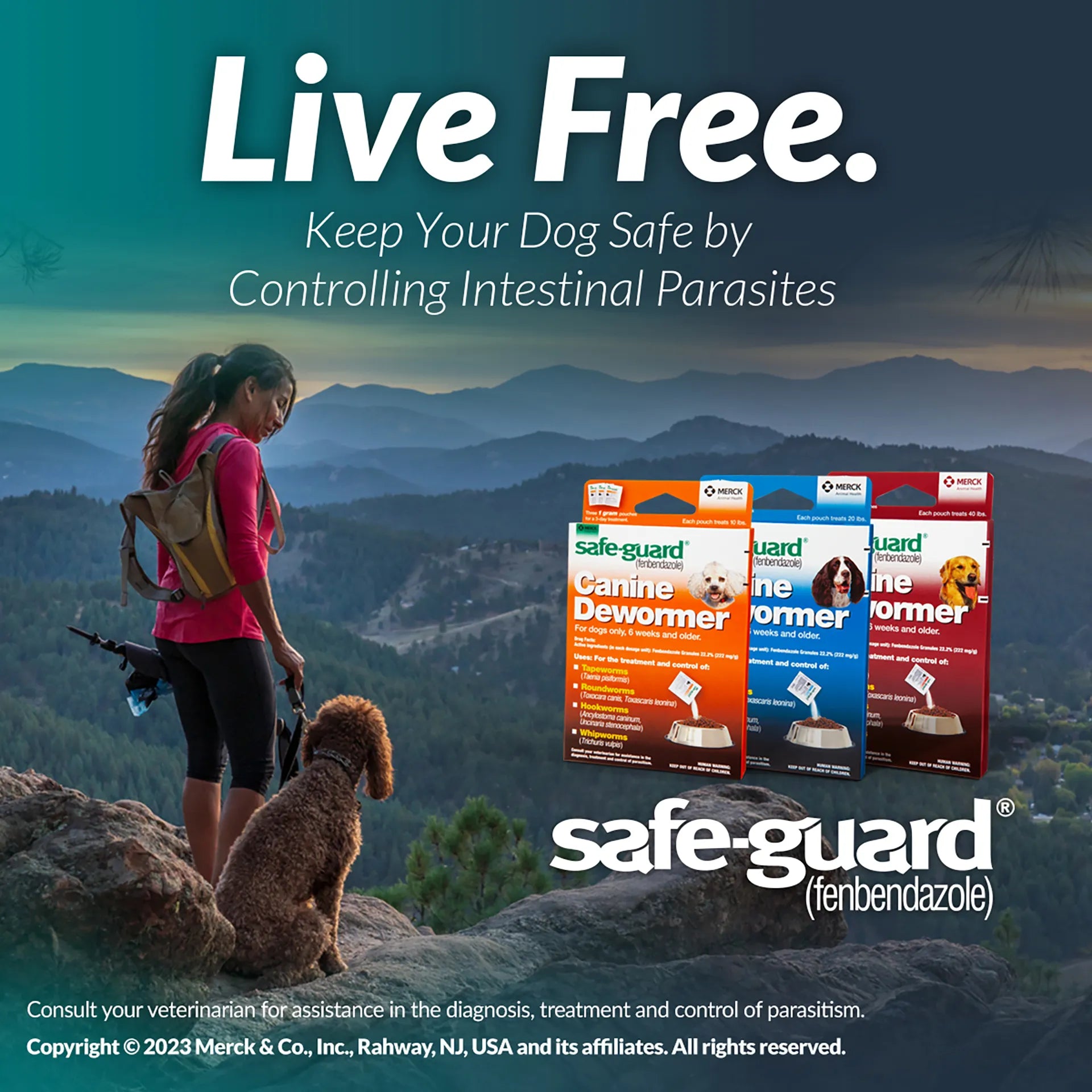 Safe-Guard® Canine Dewormer for Dogs,"Three dewormer boxes with hiker and dog mountain scene"