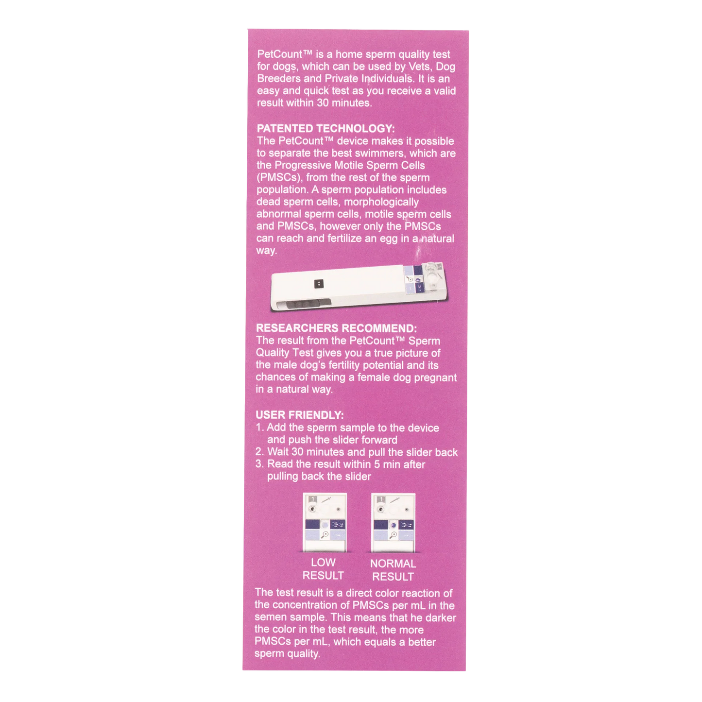PetCount™,"Pink packaging panel with test device and result examples"