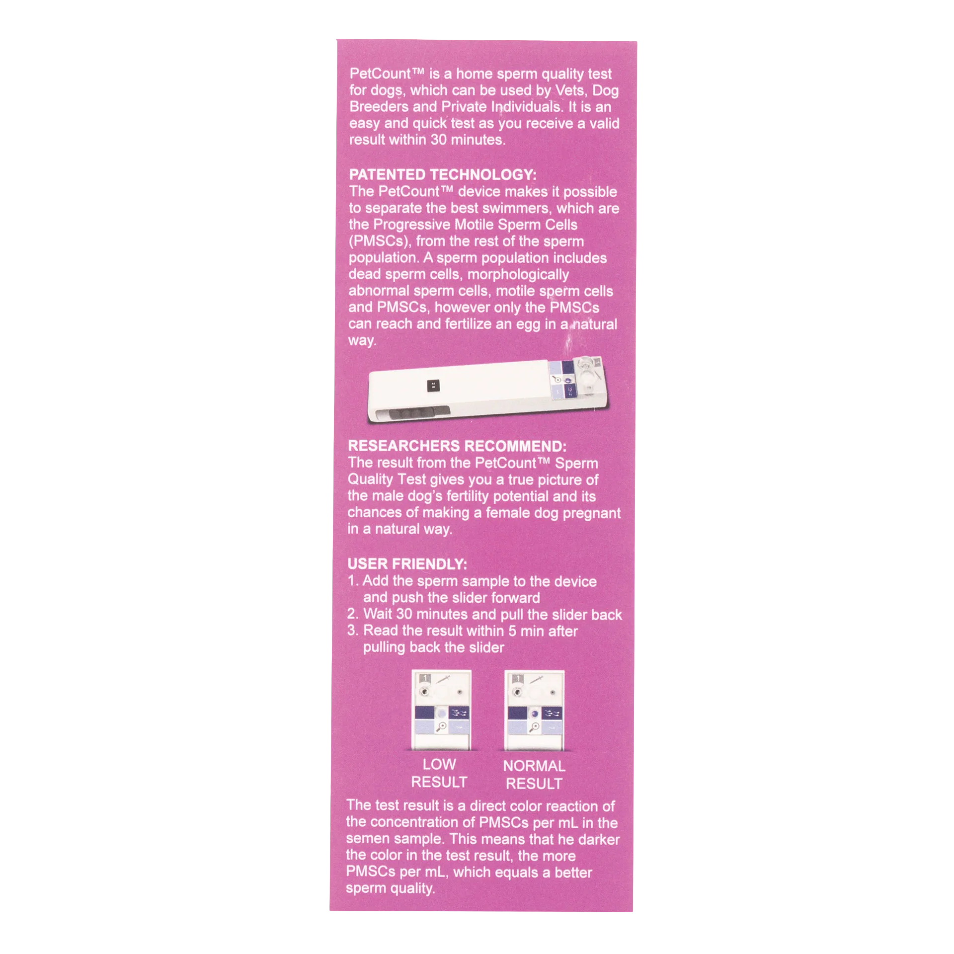 PetCount™,"Pink packaging panel with test device and result examples"