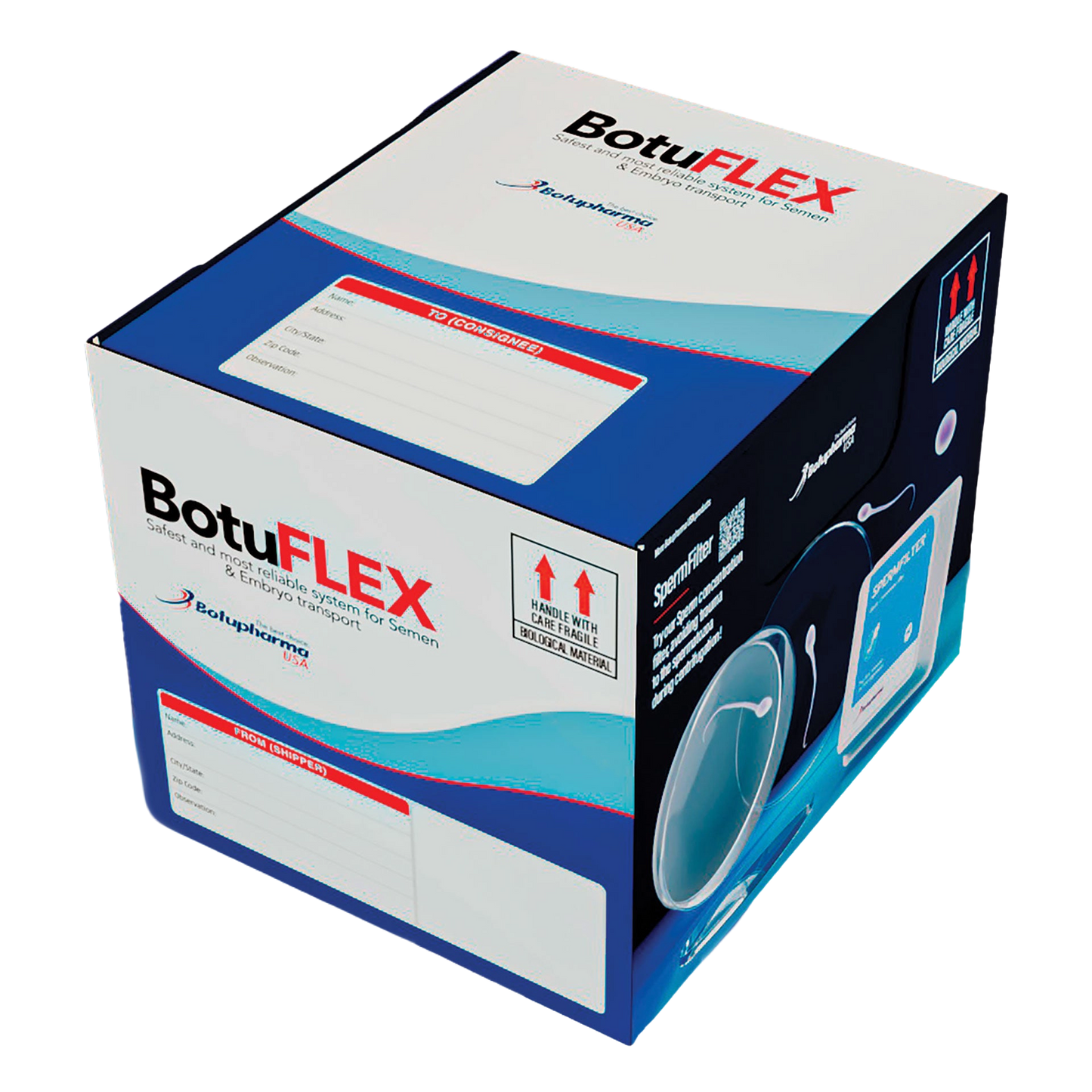 BotuFlex,"Blue and white shipping box with labeled address fields"