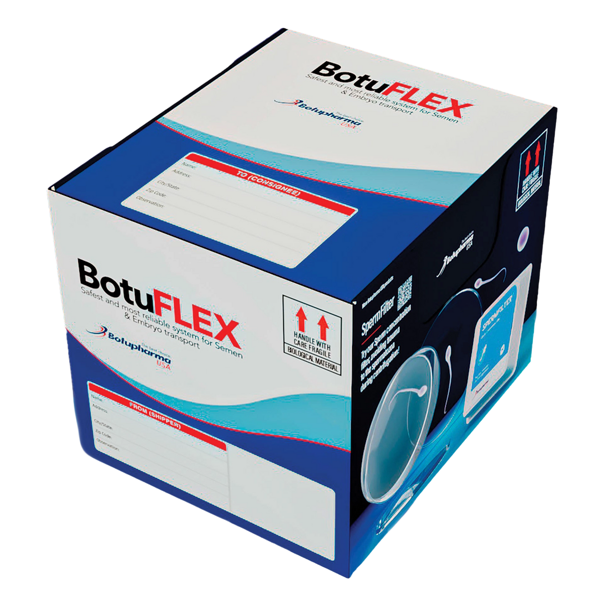 BotuFlex,"Blue and white shipping box with labeled address fields"