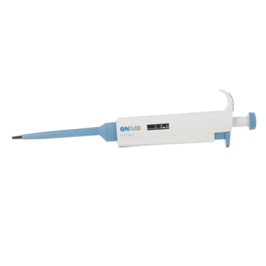 Pipette, .5-10ul,"White and blue single-channel pipette side view"
