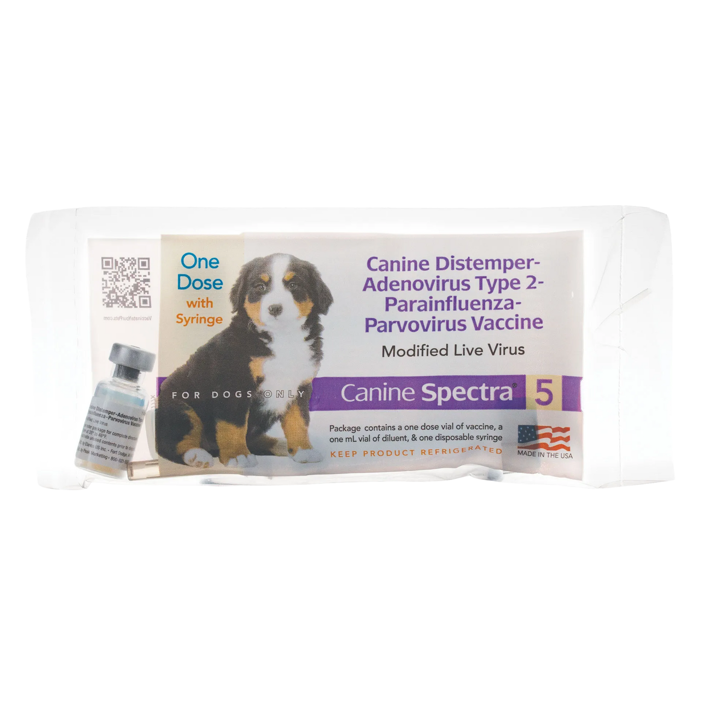 Canine Spectra® 5,"Product box with puppy image, vial, and syringe"