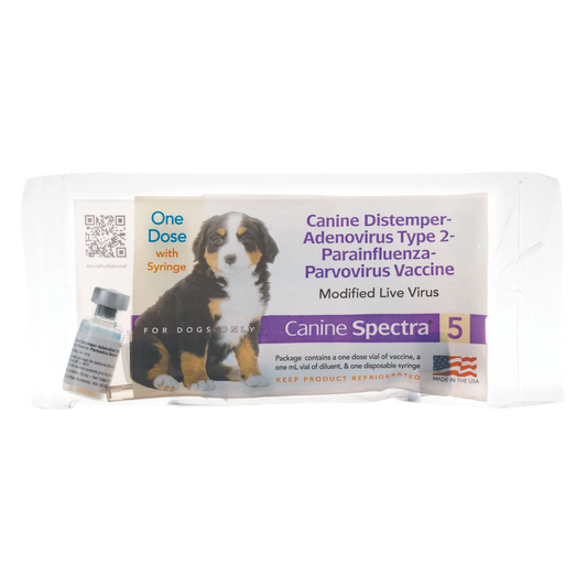 Canine Spectra® 5,"Product box with puppy image, vial, and syringe"