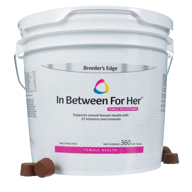 Breeder's Edge® In Between For Her™,"White plastic bucket with handle and brown chew cubes"