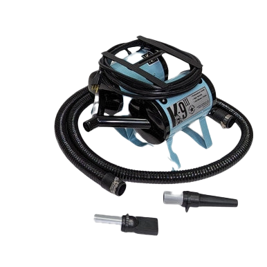 K-9 III Dog Dryer With FREE Water Peeler,"Blue dryer with black hose and two nozzle attachments"