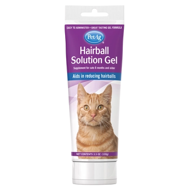PetAg Hairball Solution Gel Supplement for Cats,"Purple gel supplement tube with orange cat image"