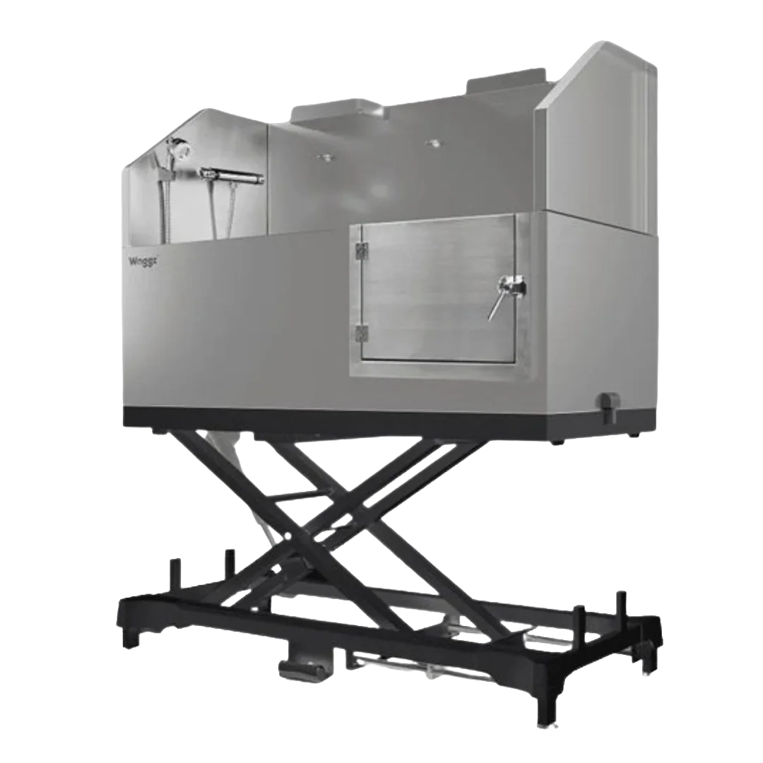 Dog Grooming Electric Tub with Lift-up Door by Waggz,"Stainless steel grooming tub with side door on lift base"