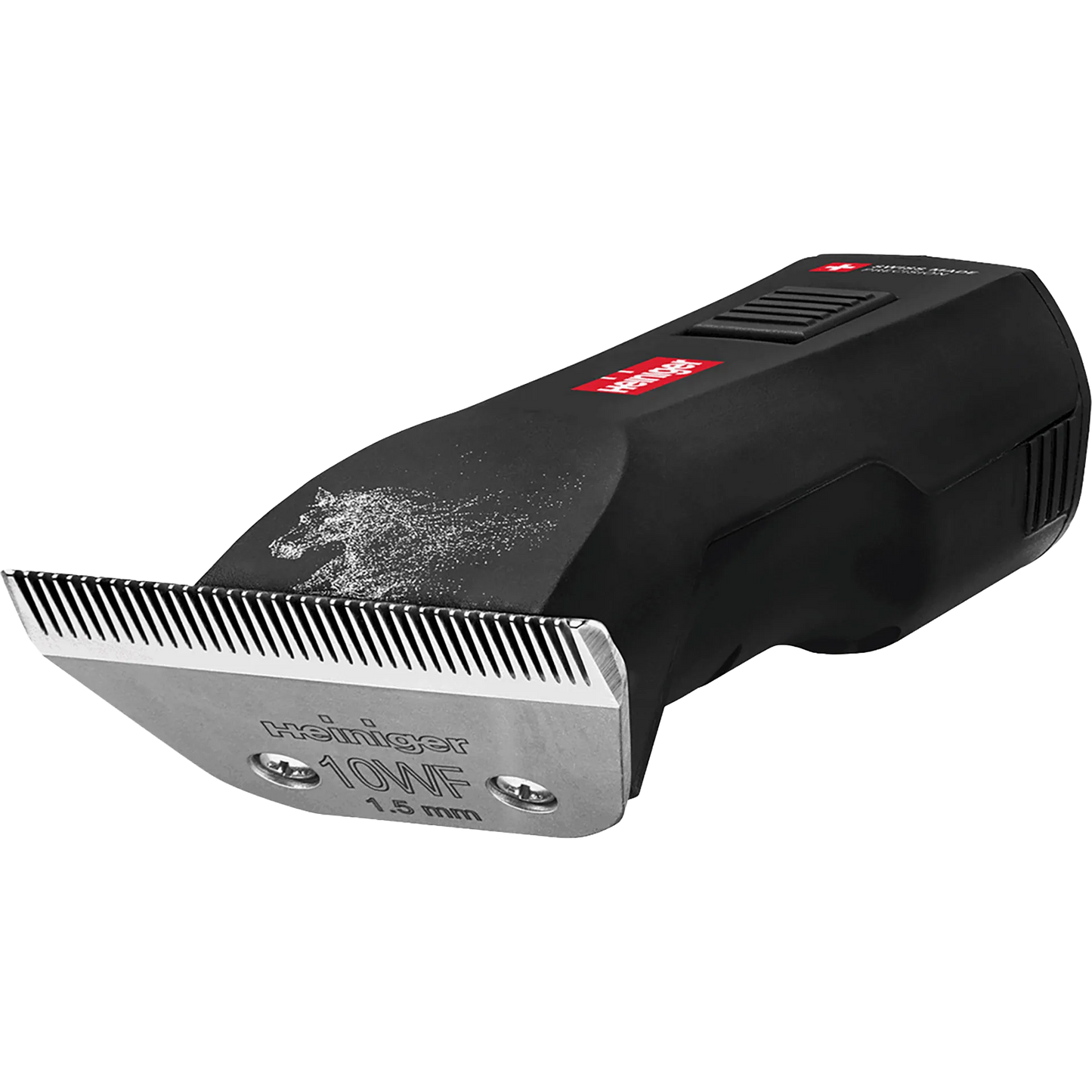 Horse Saphir Cordless Clipper with 2 Batteries and #10WF Blade by Heiniger,"Black clipper blade attachment with silver cutting edge"