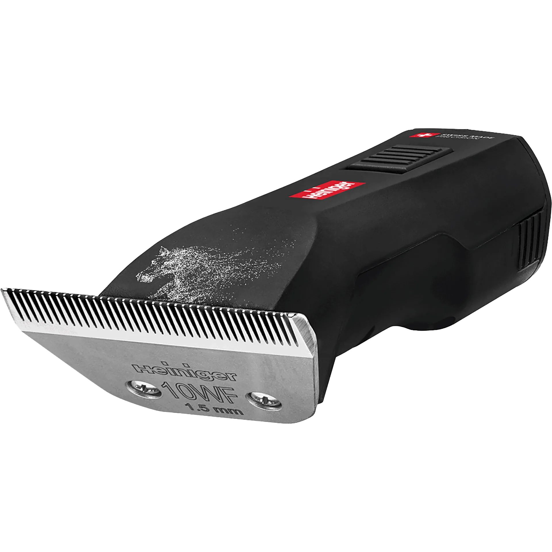 Horse Saphir Cordless Clipper with 2 Batteries and #10WF Blade by Heiniger,"Black clipper blade attachment with silver cutting edge"
