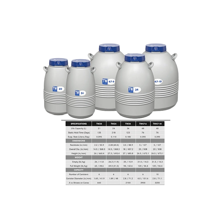 Taylor Wharton TW Series,"Five cryogenic storage tanks with blue lids"