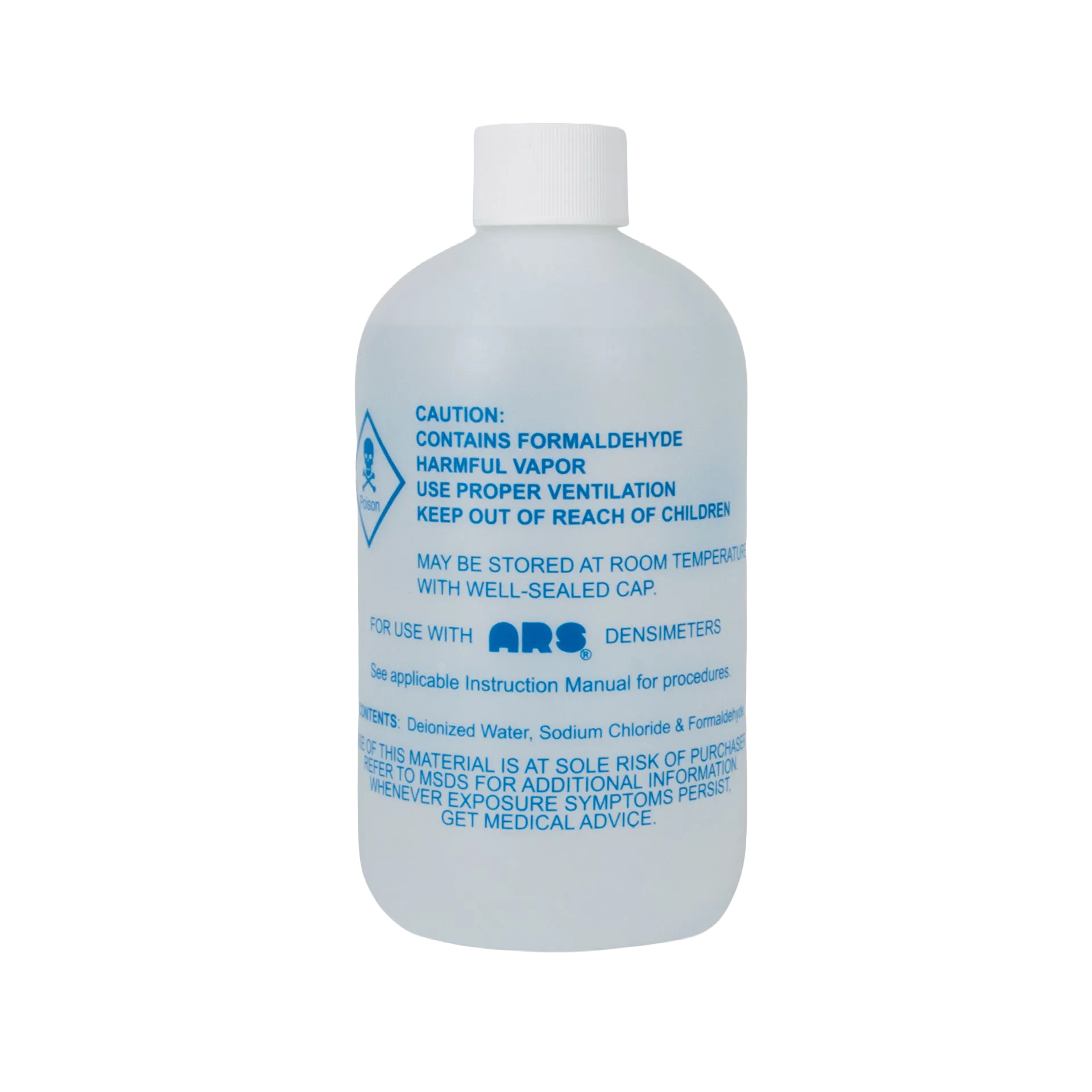 Densimeters Formalin 10 Solution (500ml),"White plastic bottle with ribbed cap and blue caution label"