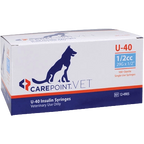 U40 1/2cc Insulin Syringe 29g x 1/2"","Box of veterinary insulin syringes with dog silhouette"