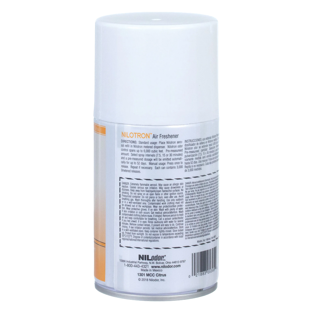 Nilodor Nilotron™ Designer Aerosols,"White aerosol can with cap, back label view"