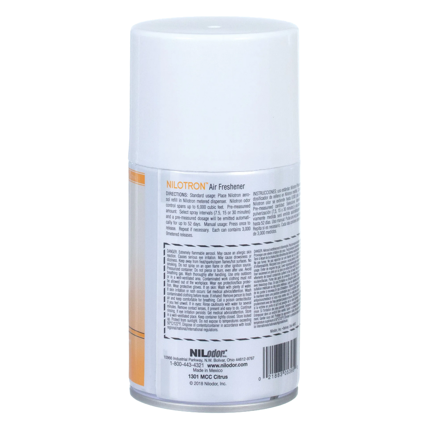 Nilodor Nilotron™ Designer Aerosols,"White aerosol can with cap, back label view"