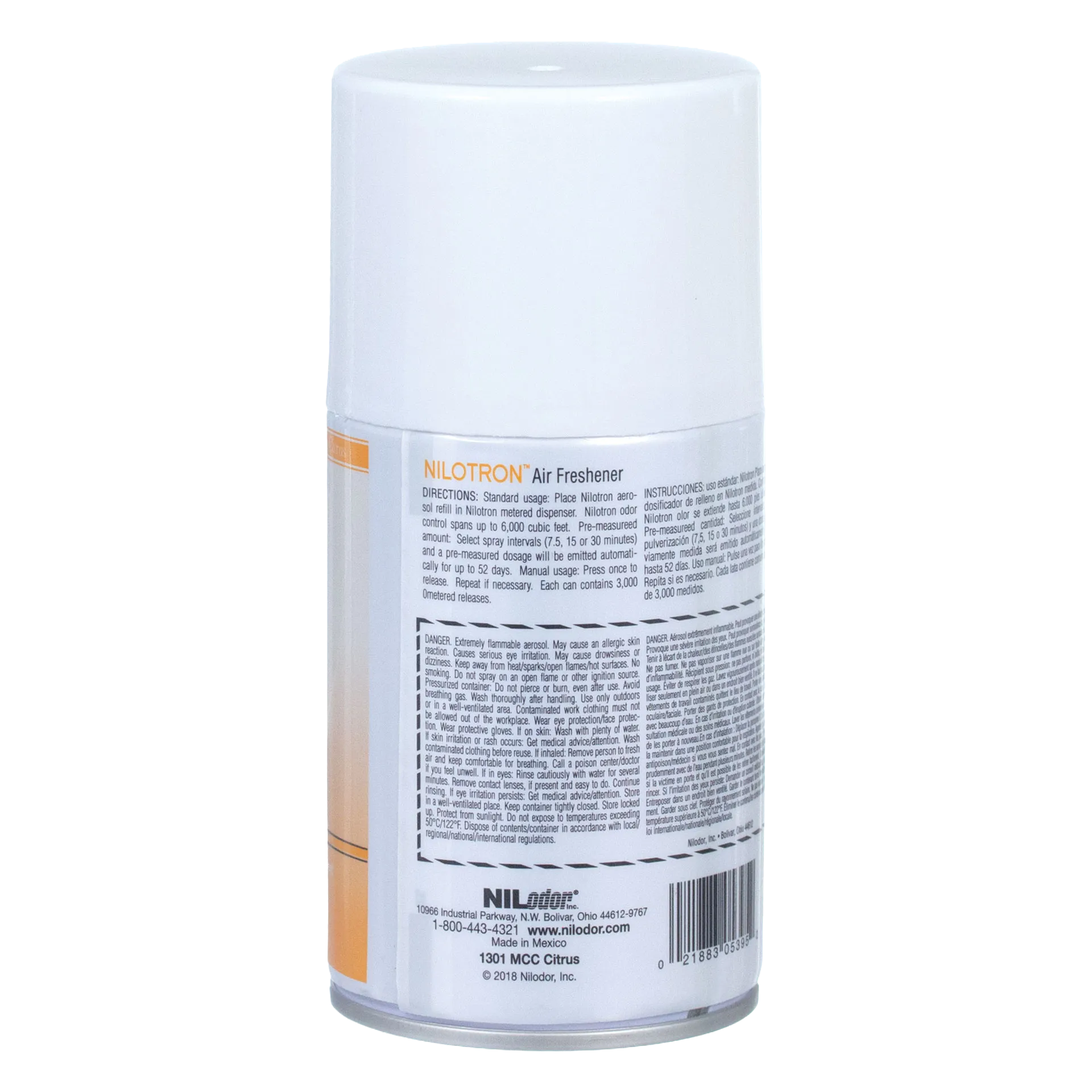 Nilodor Nilotron™ Designer Aerosols,"White aerosol can with cap, back label view"