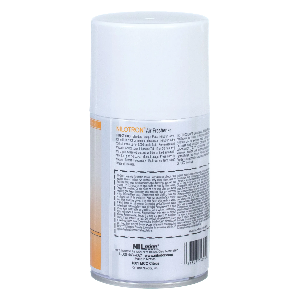 Nilodor Nilotron™ Designer Aerosols,"White aerosol can with cap, back label view"