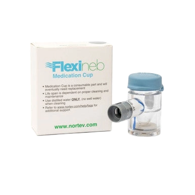 Flexineb® Medium Medication Cup,"Medication cup with blue cap beside product box"