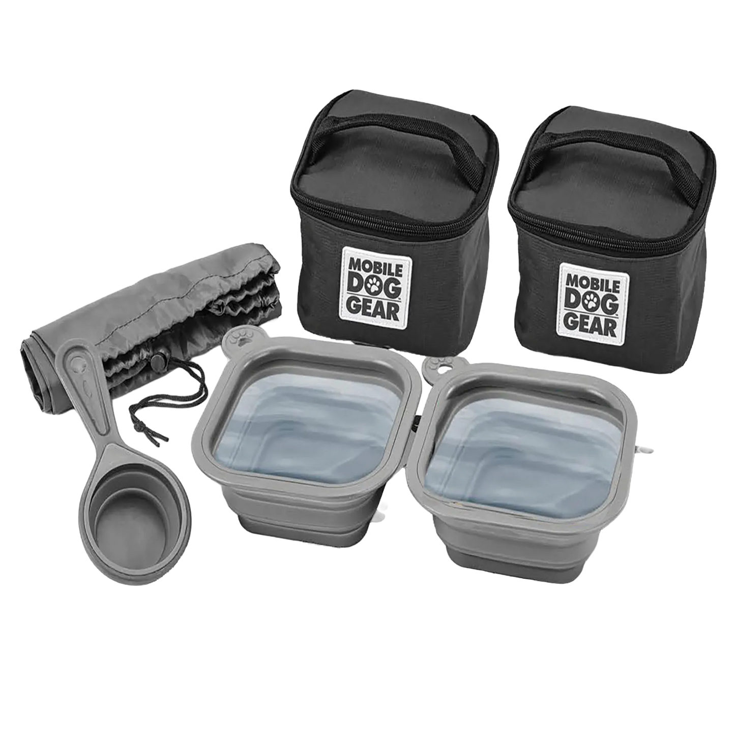 Mobile Dog Gear Dine Away® Food Set,"Two black food bags with collapsible bowls, scoop and placemat"