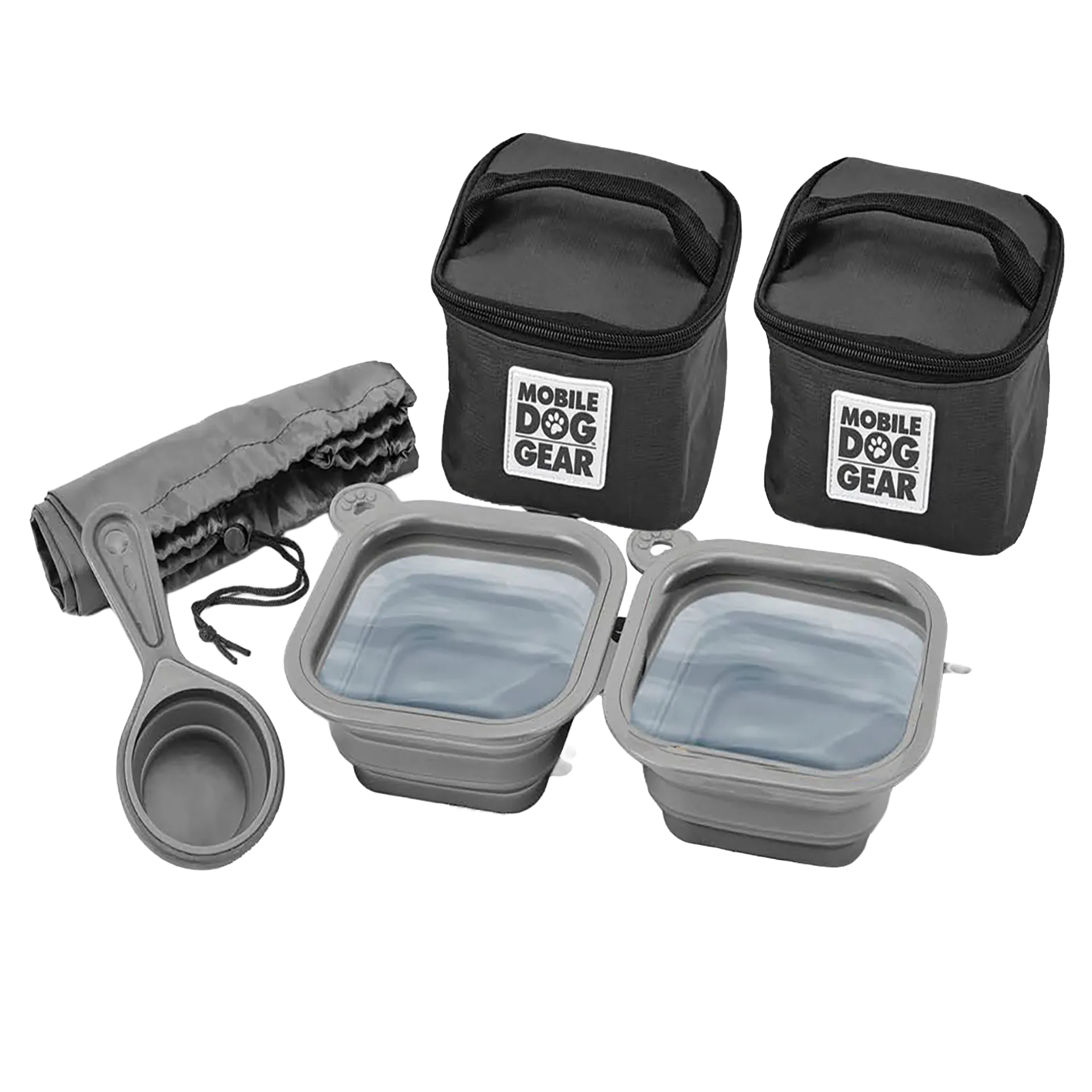 Mobile Dog Gear Dine Away® Food Set,"Two black food bags with collapsible bowls, scoop and placemat"
