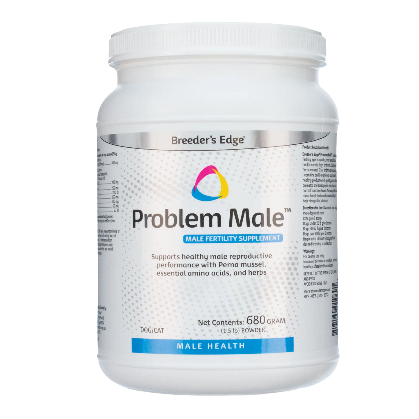 Breeder's Edge® Problem Male™,"White plastic powder jar with screw-top lid, front label view"