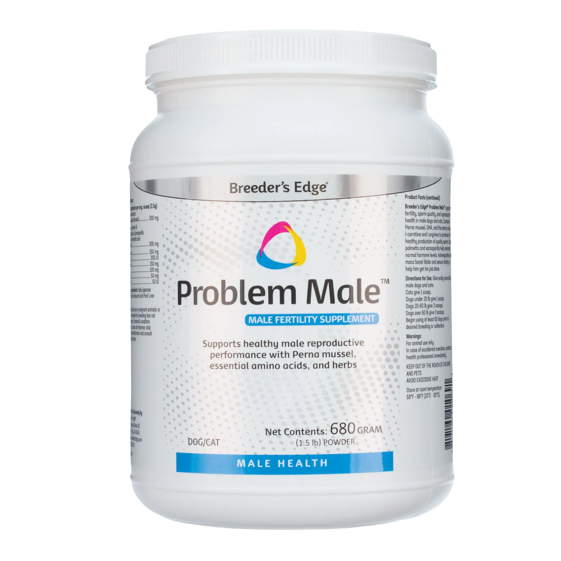 Breeder's Edge® Problem Male™,"White plastic powder jar with screw-top lid, front label view"
