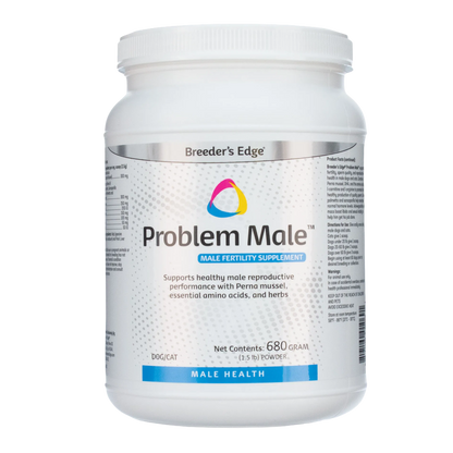 Breeder's Edge® Problem Male™,"White plastic powder jar with screw-top lid, front label view"