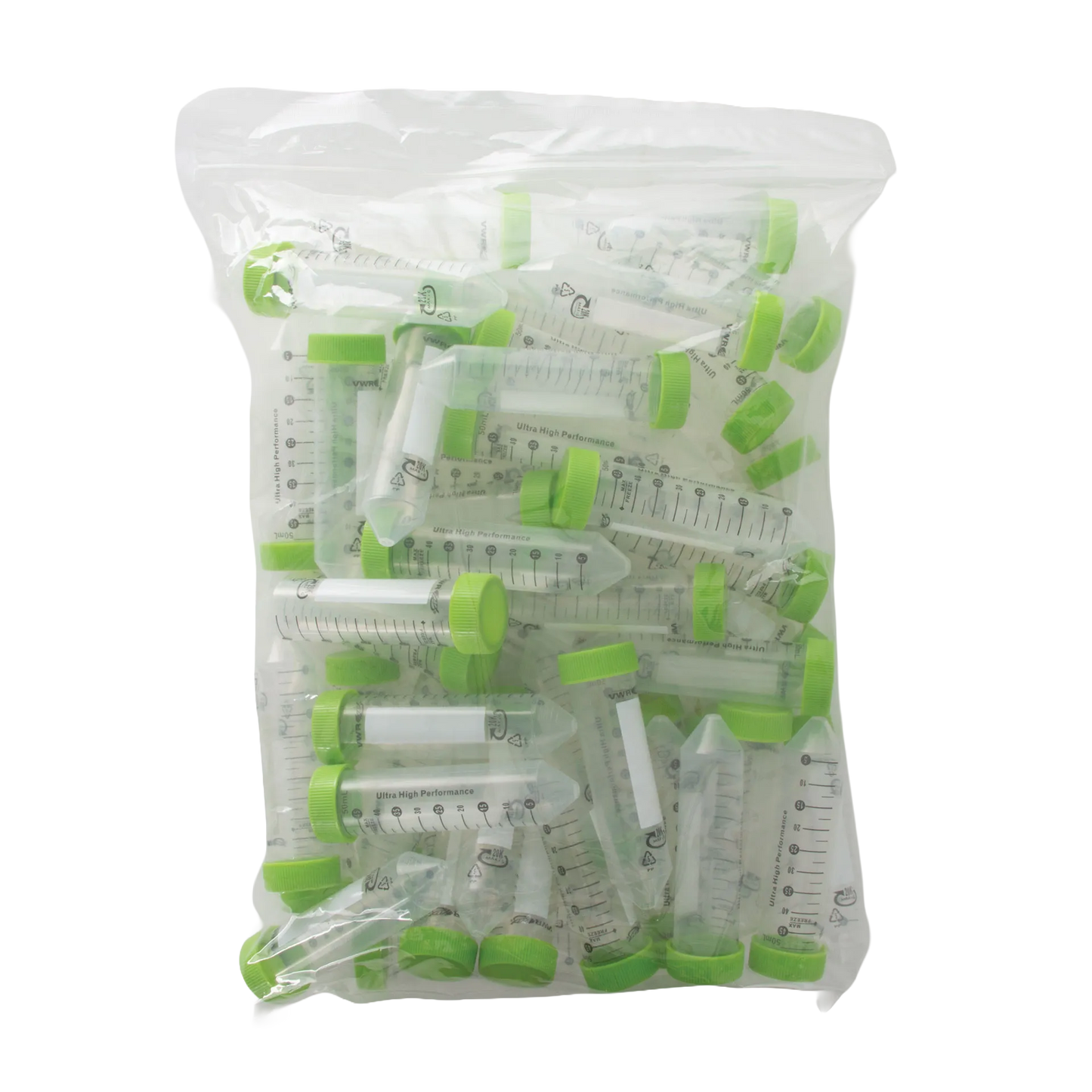 50 ml VWR Ultra High Performance Centrifuge Tubes Sterile, Conical End,"Bag of clear conical centrifuge tubes with green caps"