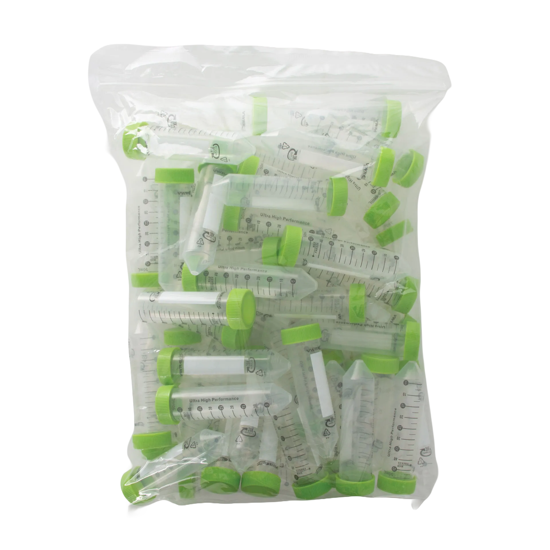 50 ml VWR Ultra High Performance Centrifuge Tubes Sterile, Conical End,"Bag of clear conical centrifuge tubes with green caps"