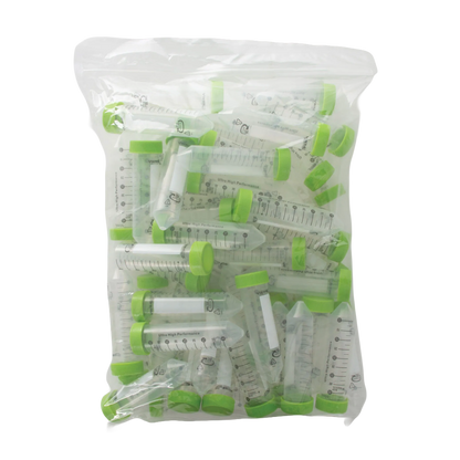 50 ml VWR Ultra High Performance Centrifuge Tubes Sterile, Conical End,"Bag of clear conical centrifuge tubes with green caps"