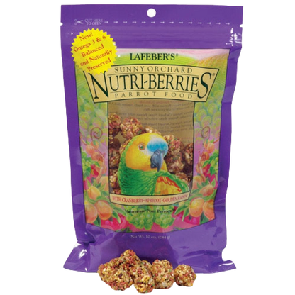 Lafeber Gourmet Sunny Orchard Nutri-Berries,"Purple stand-up pouch with parrot illustration and berry pieces"