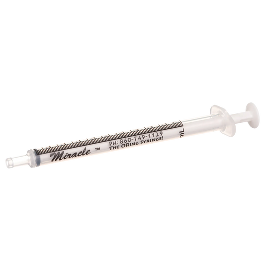 Miracle Nipple O-ring Syringe,"Clear syringe with black measurement markings and plunger"