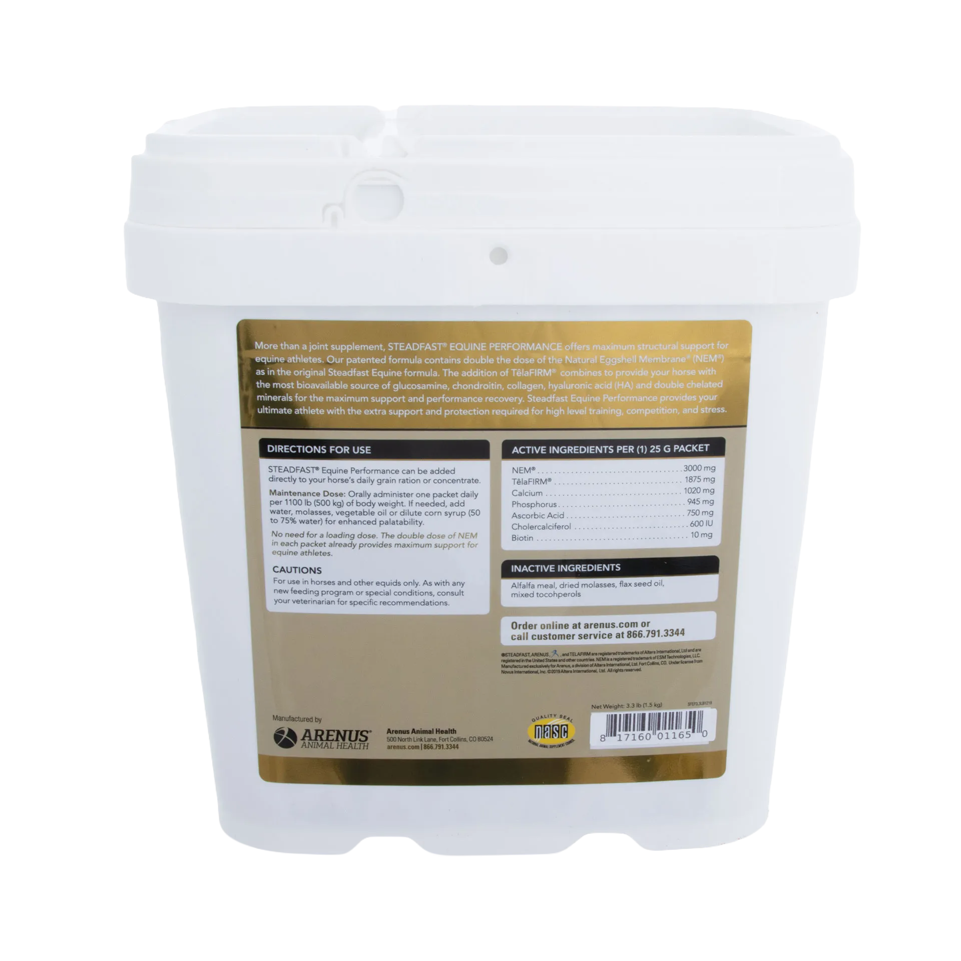 Steadfast® Equine Performance,"White tub with resealable lid and back label"