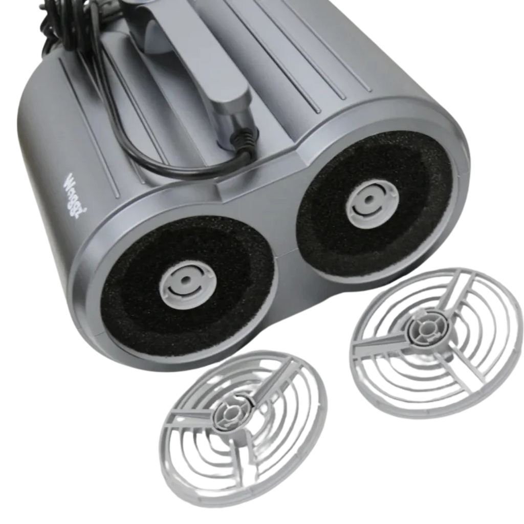 Duo-Surge Max Power & Airflow Dryer by Waggz,"Gray dual-nozzle dryer underside with two round vent covers"