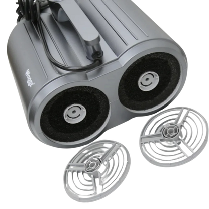 Duo-Surge Max Power & Airflow Dryer by Waggz,"Gray dual-nozzle dryer underside with two round vent covers"