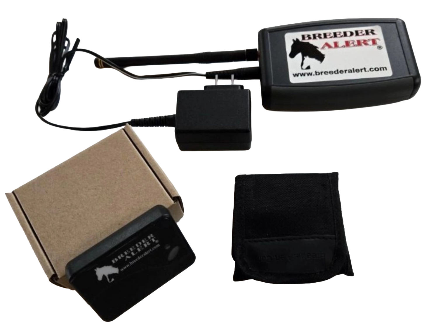 Breeder Alert Telephone Dialer System,"Black dialer unit with cords, power adapter, box, and pouch"