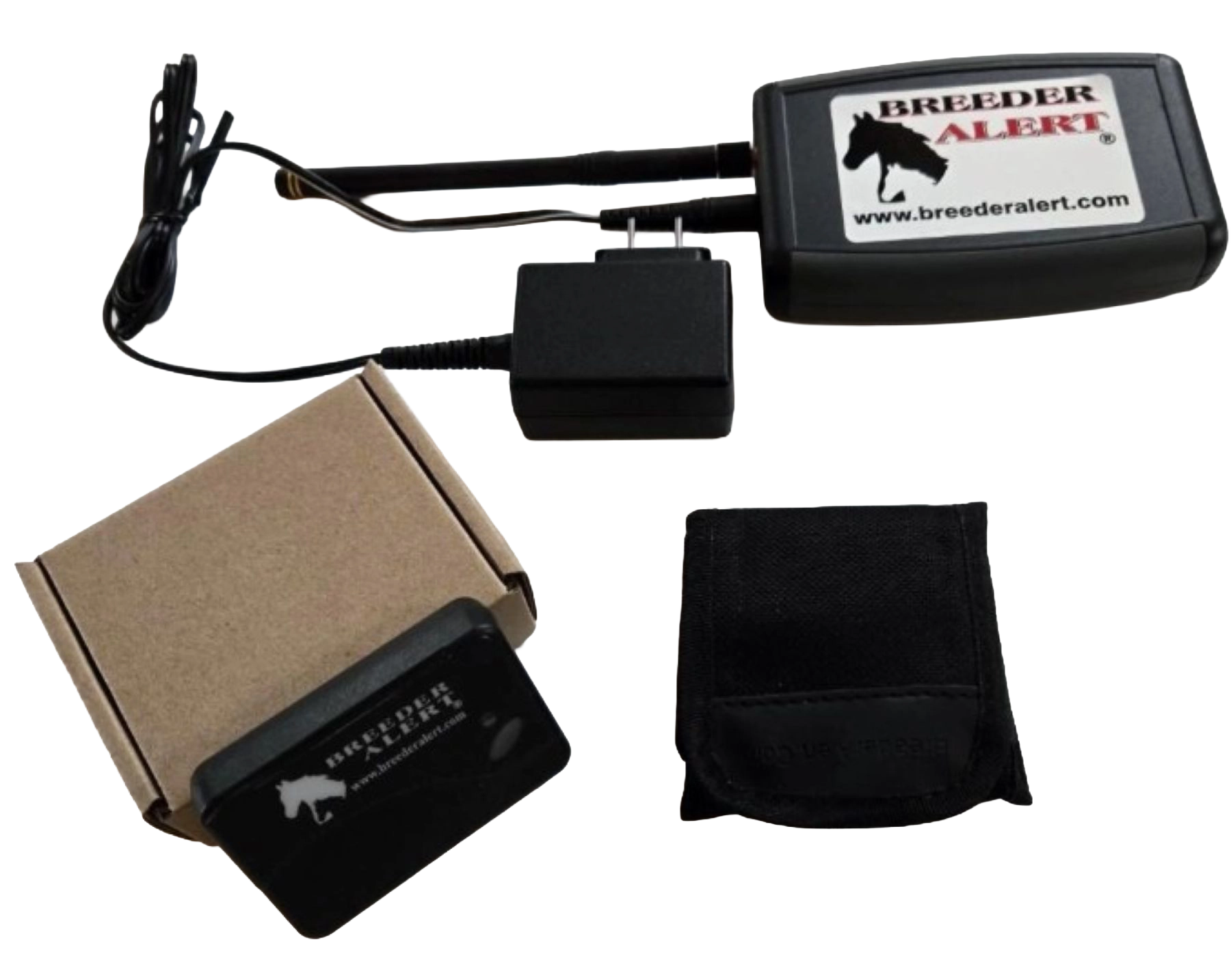 Breeder Alert Telephone Dialer System,"Black dialer unit with cords, power adapter, box, and pouch"