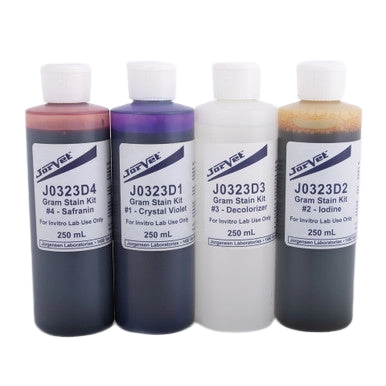 Gram Stain Kit,"Four reagent bottles with white caps"